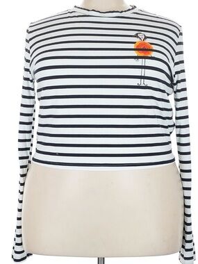 Striped Long-Sleeve Crop Tee with Orange Floral Woman Detail